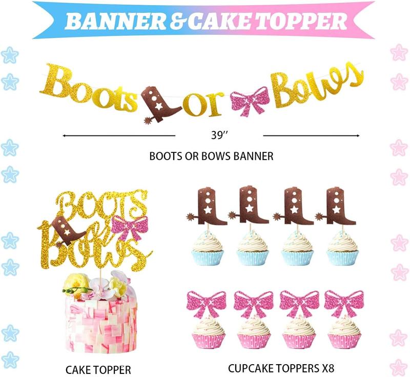 Boots or Bows Gender Reveal Decorations, 169 count Boy or Girl Gender Reveal Decorations Backdrop Balloon Garland Glitter Banner Tablecloth Cake Cupcake Topper Box Cutout Poster Sash Pink Blue