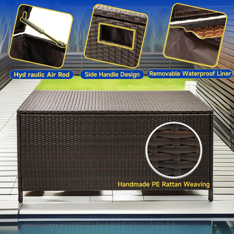 Deck Boxes. 75 Gallon with Rain Cover PE Rattan Deck Box. Waterproof Organiser Installation Steel storage  box