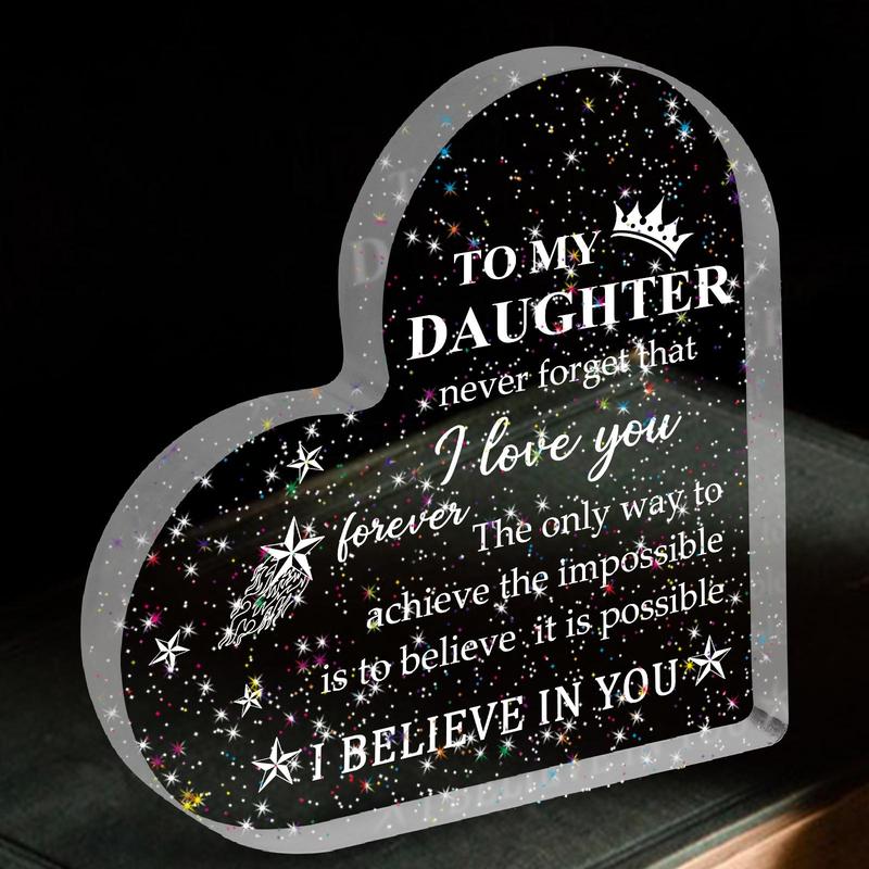 Heart Shaped Acrylic Ornament, 1 Count Creative Shimmer Transparent Desktop Plaque, Love You Gift for Daughter, Birthday Gift for Daughter