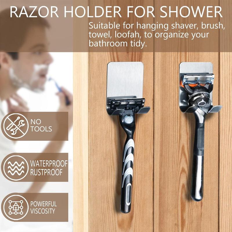 Stainless Steel Razor Holder, 2 Counts Waterproof Self-adhesive Shaver Holder, Hanger Hooks for Bathroom & Kitchen Organisation