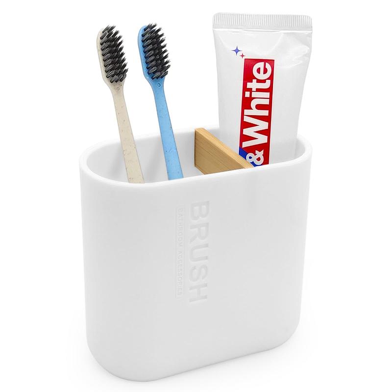 White toothbrush holder with bamboo divider. Detachable for easy cleaning. Multi-functional storage with 2 slots for electric toothbrush and toothpaste. Organizer for bathroom vanity, sink, countertop.