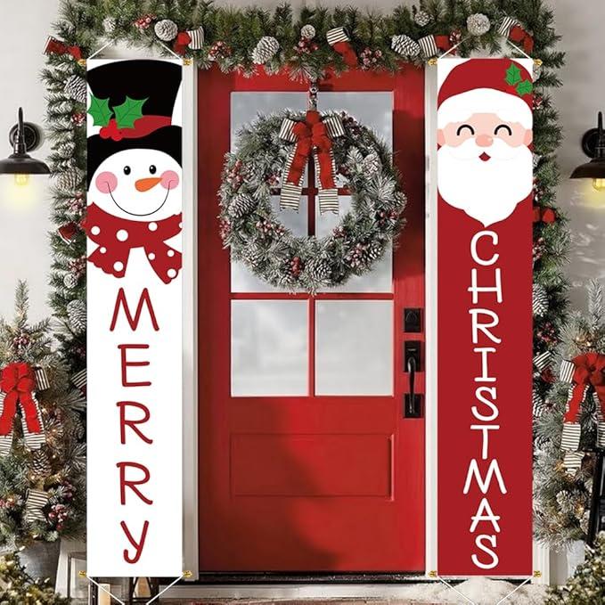 Ivenf Merry Christmas & Happy New Year Decorations, Red Black Buffalo Plaid Banner, 2 Pcs Front Porch Sign Set, Indoor Outdoor Yard Wall Home Decor