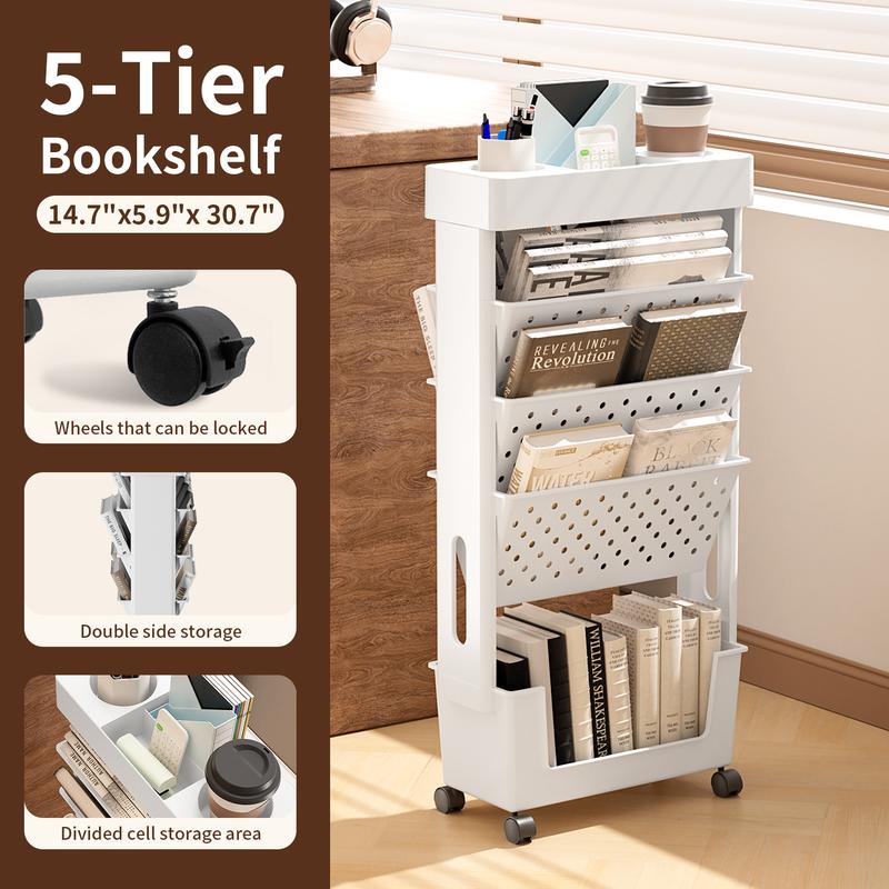 5-Tier Removable Organiser, Magazine Newspaper Storage Rack, Book Storage Rack With Wheels, Tableside Bookshelf, Suitable For School Classroom Office