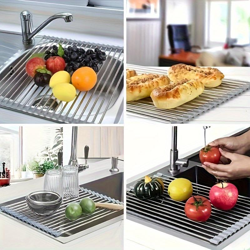 Stainless Steel Dish Drying Rack, 1 Count Foldable Roll Up Kitchen Dish Drying Rack, Multifunctional Dish Drain Rack for Kitchen Sink