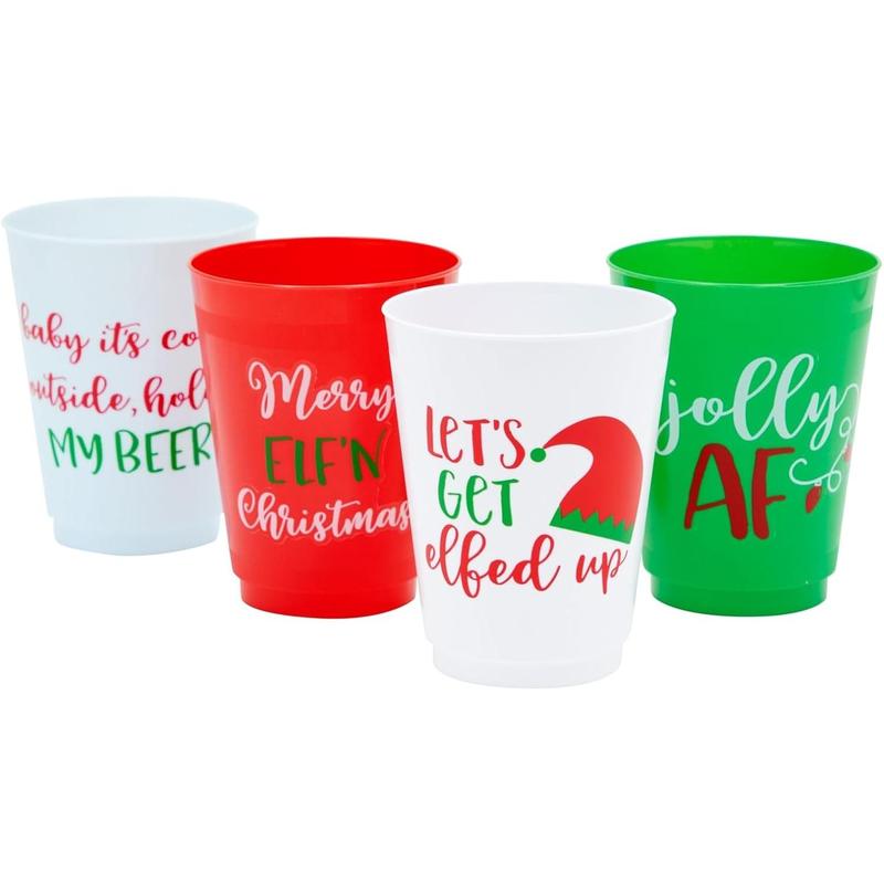 - 24 Pack Plastic Christmas Cups, 16oz Reusable Tumblers for Holiday Party Supplies Decorations (4 Designs)