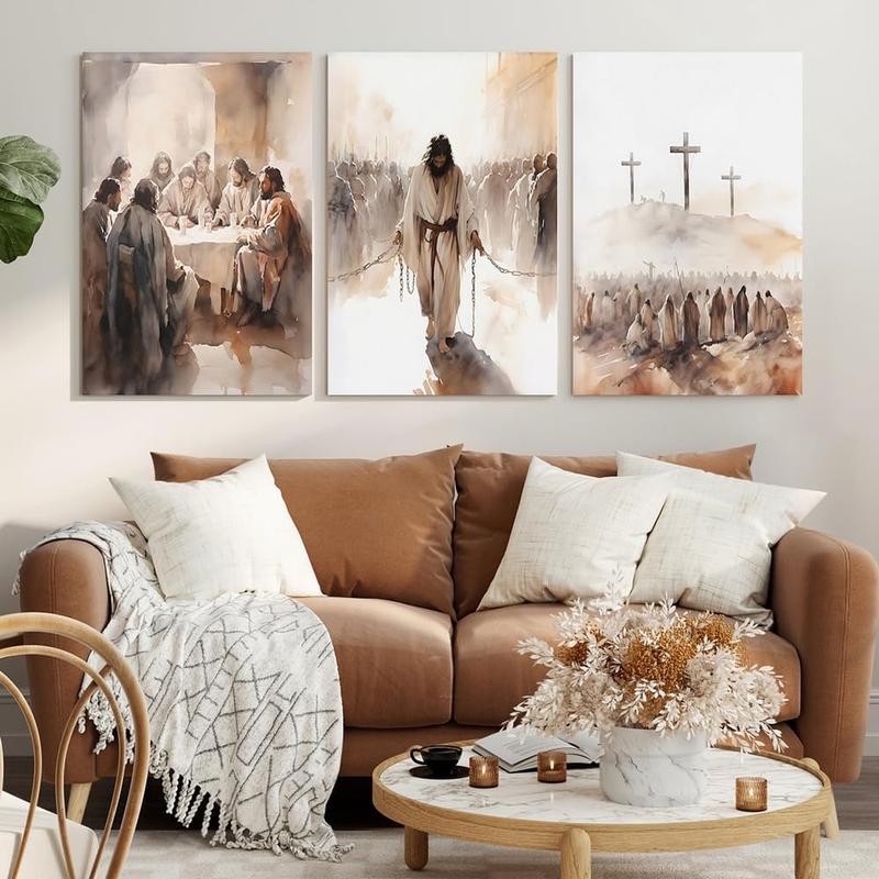 GUBIYU Set of 3 Easter Wall Art Church Wall Decor The Last Supper Painting Jesus in Chains The Crucifixion Cross Artwork Pictures Jesus Portrait Jesus Print Jesus Wall Art Religious Gifts 12