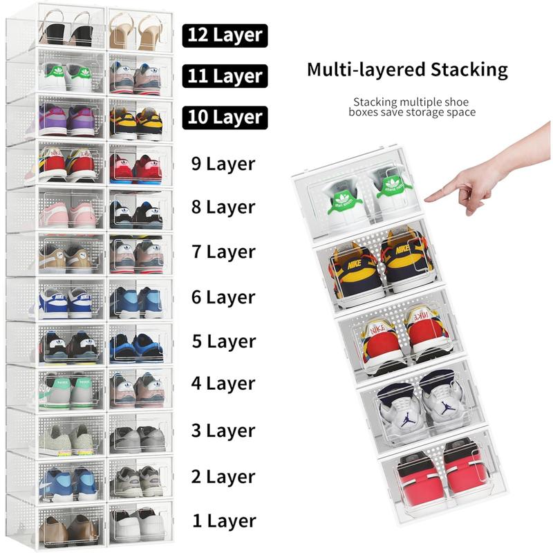 12 Pack Shoe Organizer Storage Bins, Clear Plastic Stackable Shoe Boxes for Closet, Space Saving Foldable, Sneaker Shoe Box, White Frame