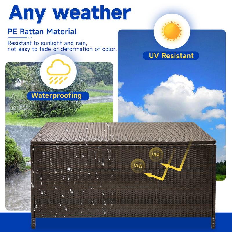 Deck Boxes. 75 Gallon with Rain Cover PE Rattan Deck Box. Waterproof Organiser Installation Steel storage  box