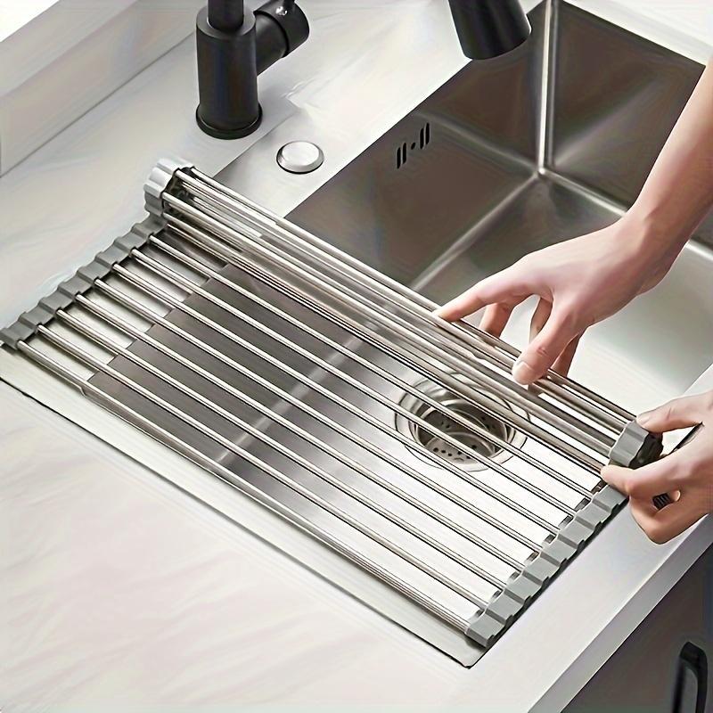 Stainless Steel Dish Drying Rack, 1 Count Foldable Roll Up Kitchen Dish Drying Rack, Multifunctional Dish Drain Rack for Kitchen Sink