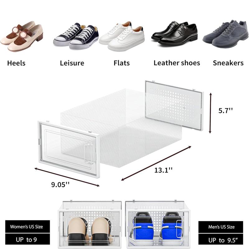 12 Pack Shoe Organizer Storage Bins, Clear Plastic Stackable Shoe Boxes for Closet, Space Saving Foldable, Sneaker Shoe Box, White Frame