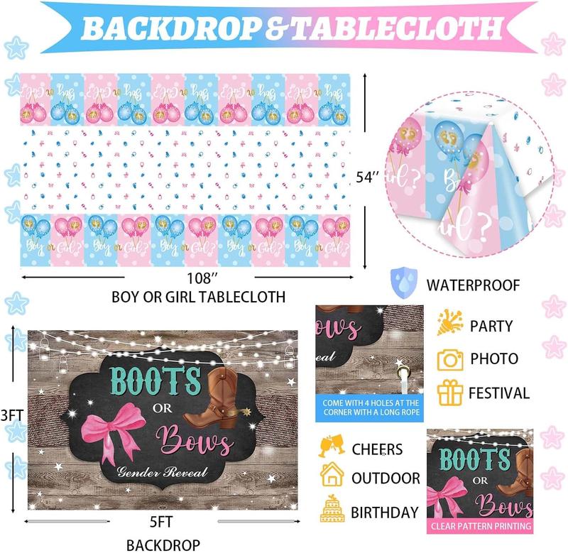 Boots or Bows Gender Reveal Decorations, 169 count Boy or Girl Gender Reveal Decorations Backdrop Balloon Garland Glitter Banner Tablecloth Cake Cupcake Topper Box Cutout Poster Sash Pink Blue