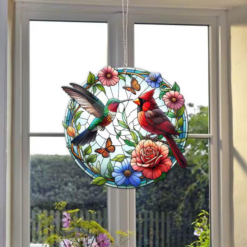 Flying Cardinal Hummingbird Acrylic Window Hanging, Cardinal lovers gift, Garden lover, bird nerd gift, Home decor