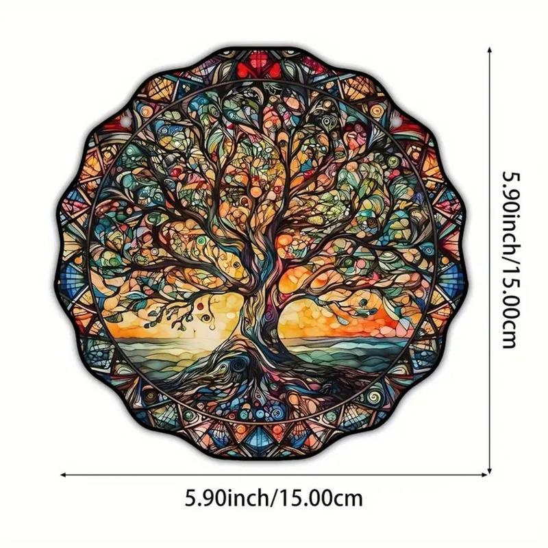 Tree Pattern Hanging Decor, 1 Count Round Stained Glass Hanging Ornament, Wall Art Decor for Home Living Room Bedroom Study Room