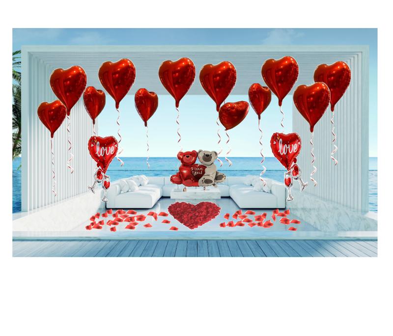 Apintop 'I Love You' Balloon Set 2 Love Cup Big Teddy Bear Foil Balloon 12 Heart Foil Balloon 1000 Silk Rose Petals (ready separated) Suitable with Air or Helium for Romantic Decorations Includes air balloon pump 100 dot glue Gift Set Wedding Set Wedding