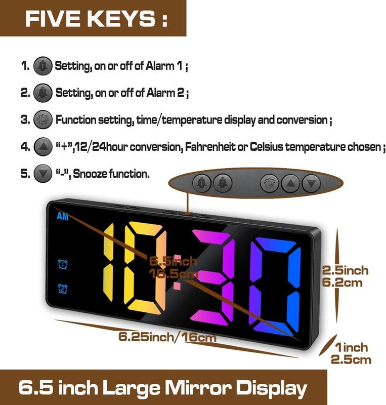 Digital  Clock, Mirror Surface Colorful LED  Clocks Large Display, Adjustable Brightness, Voice Control, Dual Power Supply, Snooze Model for Bedroom, Office, Black Case