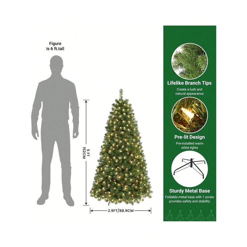 SHARECONN 4FT, 5FT, 6FT, 7FT, 7.5FT, 9FT, SHareconn Prelit Premium Artificial Hinged Christmas Tree With Pre-Lit Warm White Lights, Branch Tips And Foldable Stand, Perfect Choice For Xmas Decoration, Green