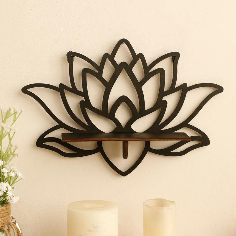 Lotus Design Wall Mounted Shelf, Wooden Floating Storage Rack, Wall Hanging Decor for Home Living Room Bedroom Bathroom Office, Room Decor, Home Decor