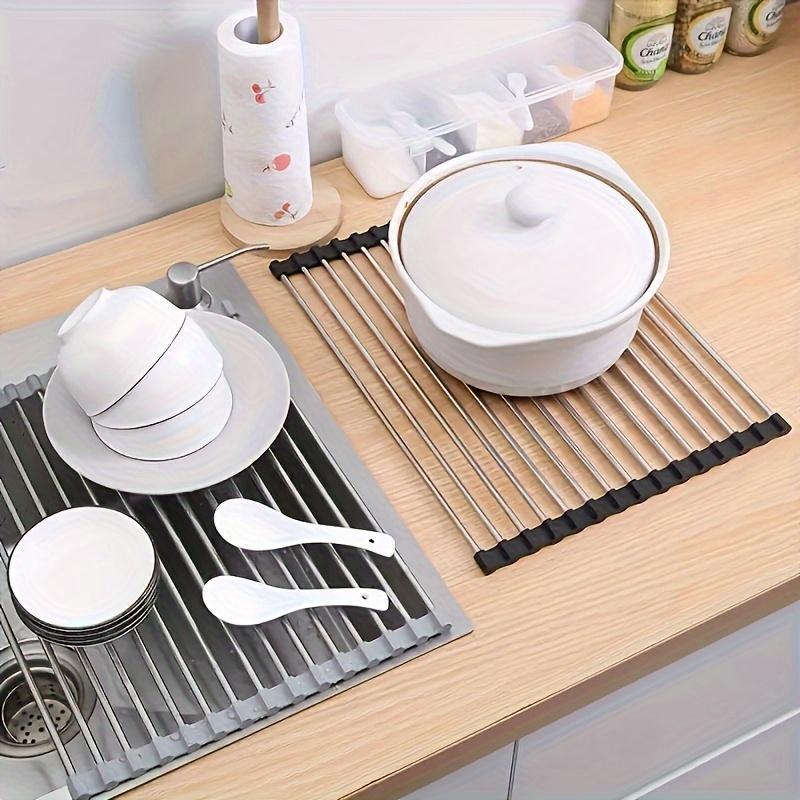 Stainless Steel Dish Drying Rack, 1 Count Foldable Roll Up Kitchen Dish Drying Rack, Multifunctional Dish Drain Rack for Kitchen Sink