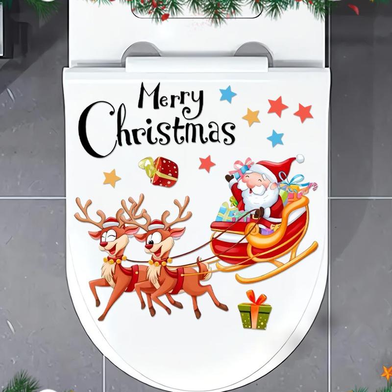 Santa Claus & Reindeer Pattern Toilet Sticker, 1 Count Waterproof & Detachable Toilet Lid Decal, Bathroom Accessories for Home & Hotel & Dormitory