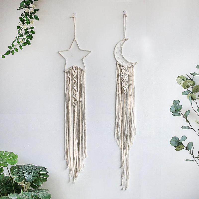 Hangable Ornaments, 2 Counts set Star & Moon Hanging Dreamcatcher, Tassel Woven Wall Hanging Decoration for Home Bedroom Living Room, Girly Bedroom Accessories