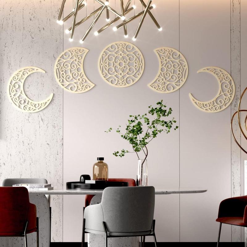 5Pcs Moon decoration wall decoration,12 Inch Moon Phase Spiritual Bedroom Wall Hanging Decor,boho bedroom decor home wall decoration (Wood color) Hollow Ornaments