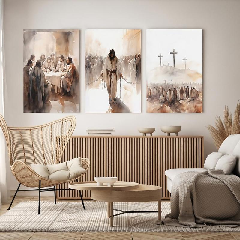 GUBIYU Set of 3 Easter Wall Art Church Wall Decor The Last Supper Painting Jesus in Chains The Crucifixion Cross Artwork Pictures Jesus Portrait Jesus Print Jesus Wall Art Religious Gifts 12