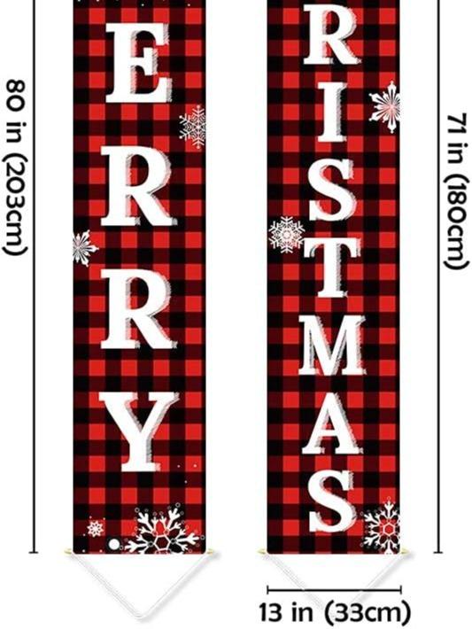 Ivenf Merry Christmas & Happy New Year Decorations, Red Black Buffalo Plaid Banner, 2 Pcs Front Porch Sign Set, Indoor Outdoor Yard Wall Home Decor