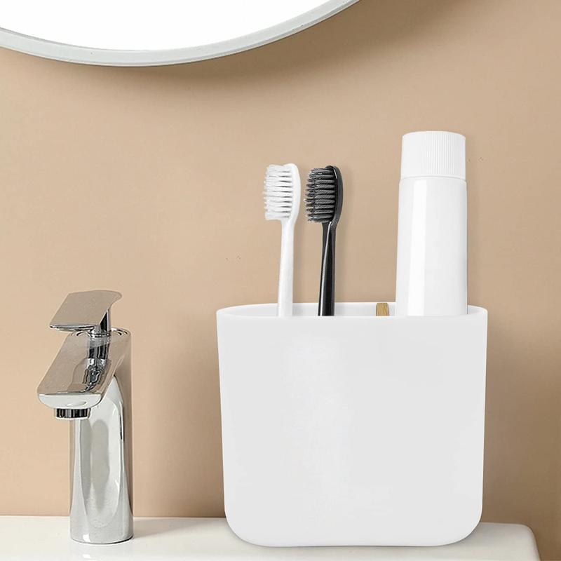 White toothbrush holder with bamboo divider. Detachable for easy cleaning. Multi-functional storage with 2 slots for electric toothbrush and toothpaste. Organizer for bathroom vanity, sink, countertop.