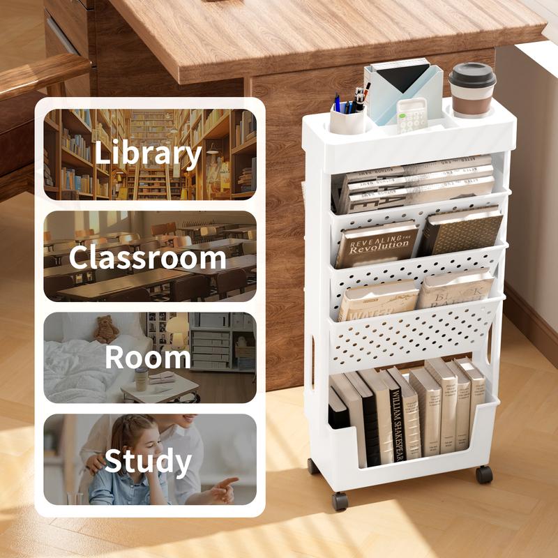 5-Tier Removable Organiser, Magazine Newspaper Storage Rack, Book Storage Rack With Wheels, Tableside Bookshelf, Suitable For School Classroom Office