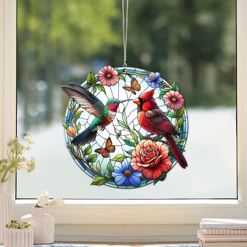 Flying Cardinal Hummingbird Acrylic Window Hanging, Cardinal lovers gift, Garden lover, bird nerd gift, Home decor