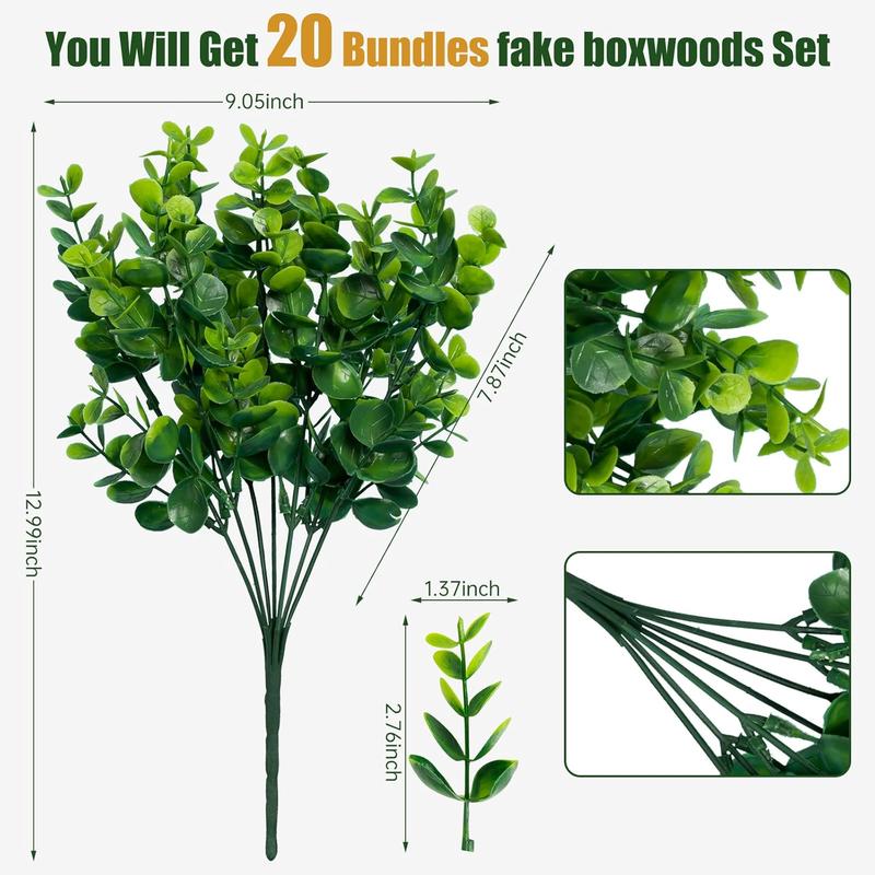 Artificial Greenery Plants Outdoor UV Resistant Fake Plants Boxwood Shrubs Grass,20 Bundles for Farmhouse Home Garden Office Patio Backyard Wedding and Indoor Outdoor Decoration