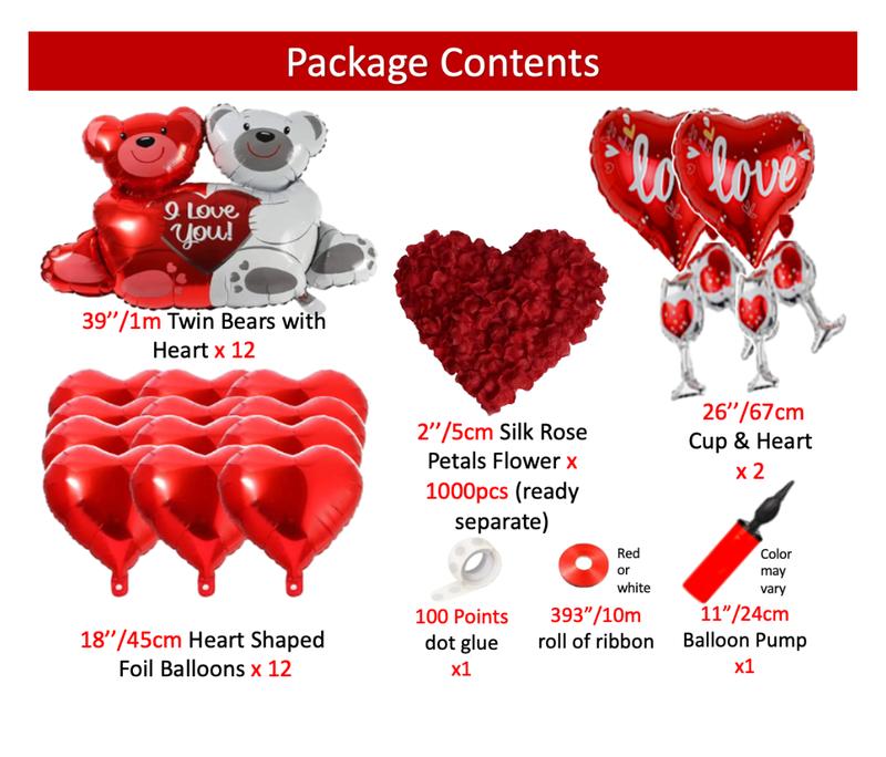 Apintop 'I Love You' Balloon Set 2 Love Cup Big Teddy Bear Foil Balloon 12 Heart Foil Balloon 1000 Silk Rose Petals (ready separated) Suitable with Air or Helium for Romantic Decorations Includes air balloon pump 100 dot glue Gift Set Wedding Set Wedding