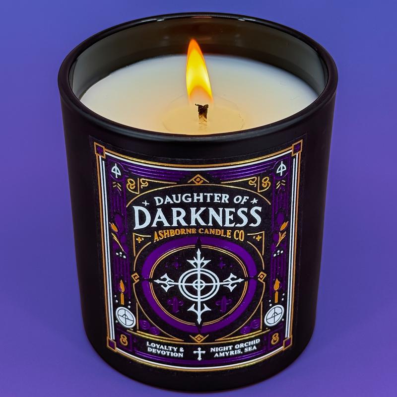 Daughter of Darkness - 8oz Scented Candle - Night Orchid, Amyris, Sea - Natural Coconut Wax - 35 h Burn Time - Premium Foil Label