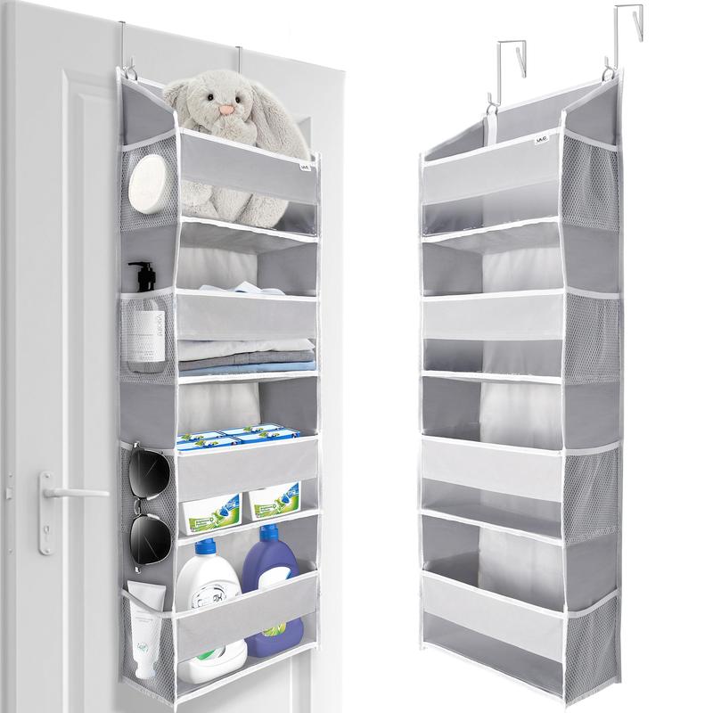 Over Door Organizer with 4 Large Pockets 6 Mesh Side Pockets, 33 lbs Weight Capacity Hanging Storage Organizer with Clear Window for Baby Kids Toys, Diapers, Grey,1 Pack, 4 Layers