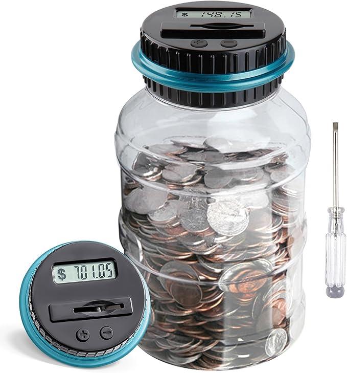 Large Piggy Bank for Boys Adults, Vcertcpl Digital Coin Counting Bank with LCD Counter, 1.8L Capacity Coin Bank Money Jar for Adults, Designed for All US Coins (Blue) Decor Ornaments