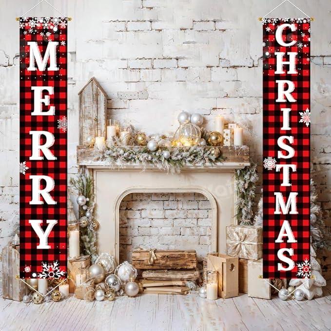 Ivenf Merry Christmas & Happy New Year Decorations, Red Black Buffalo Plaid Banner, 2 Pcs Front Porch Sign Set, Indoor Outdoor Yard Wall Home Decor