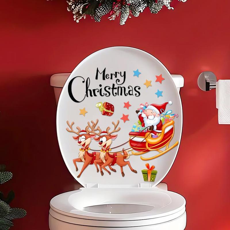 Santa Claus & Reindeer Pattern Toilet Sticker, 1 Count Waterproof & Detachable Toilet Lid Decal, Bathroom Accessories for Home & Hotel & Dormitory