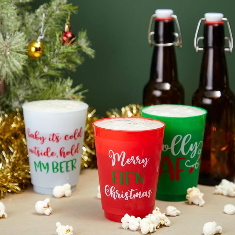 - 24 Pack Plastic Christmas Cups, 16oz Reusable Tumblers for Holiday Party Supplies Decorations (4 Designs)