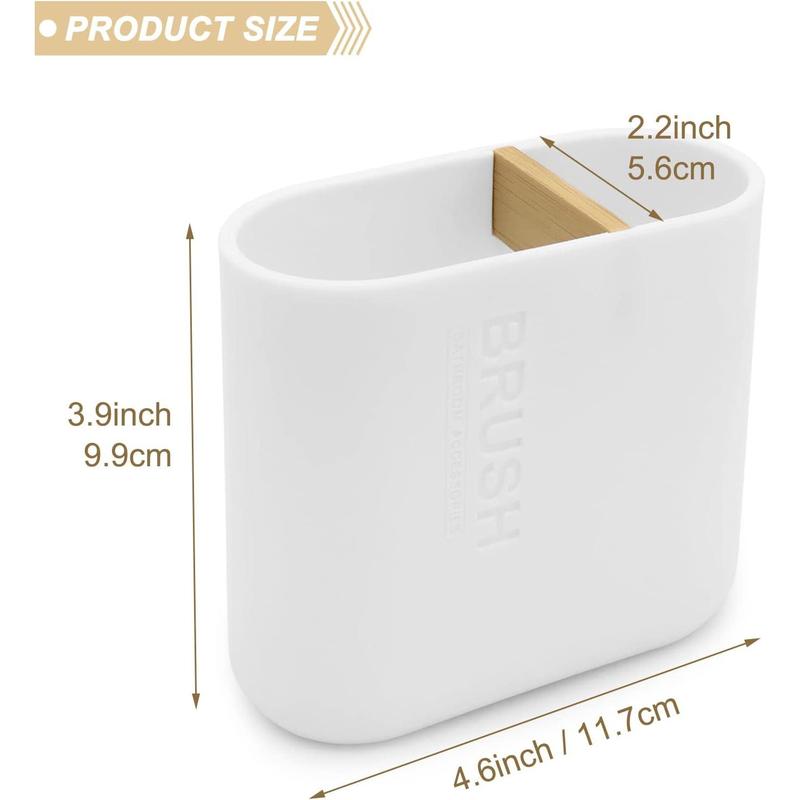 White toothbrush holder with bamboo divider. Detachable for easy cleaning. Multi-functional storage with 2 slots for electric toothbrush and toothpaste. Organizer for bathroom vanity, sink, countertop.