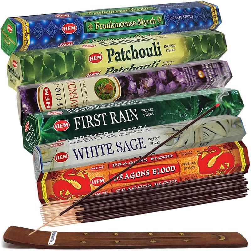 Incense Sticks Variety Pack #23-120 Insence-Sticks (6 Incents x 20 Insense) + Incense Stick Holder with 6 Most Liked Scents Including Patchouli Dragons Blood White Sage Frankincense-Myrrh