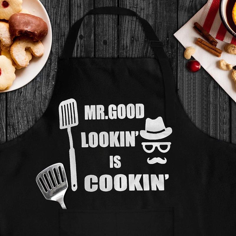 Aprons for Men, Mens Apron, Funny Aprons for Men, Funny Chef Apron, Mr. Good Lookin' is Cookin' Apron, BBQ Grill Apron, Husband Birthday Gift, Gifts for Husband, Father's Day Gifts for Dad.