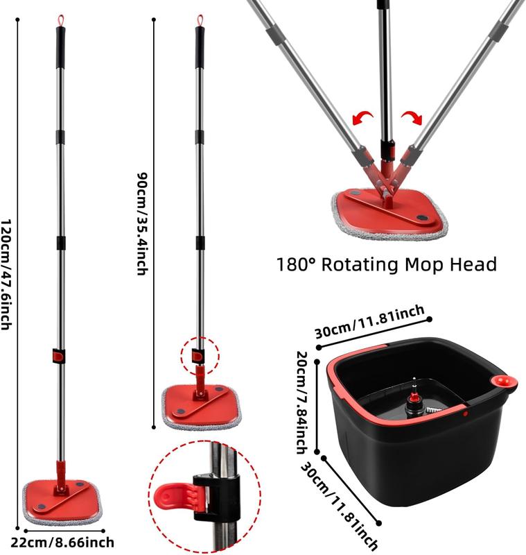 Spin Square Mop and Bucket Set with Replaceable Pads and Self Separation Dirty and Clean Water System, Self Wringing 360 Rotating Mops Head for Home Hardwood Tile Marble Floors Cleaning