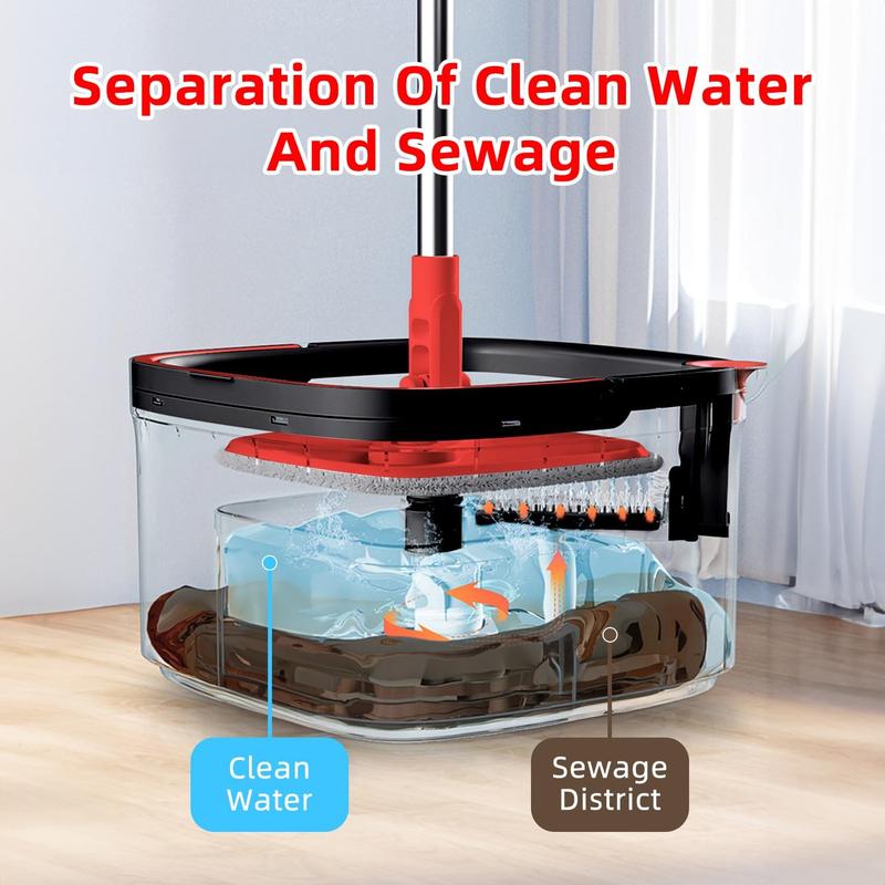 Spin Square Mop and Bucket Set with Replaceable Pads and Self Separation Dirty and Clean Water System, Self Wringing 360 Rotating Mops Head for Home Hardwood Tile Marble Floors Cleaning