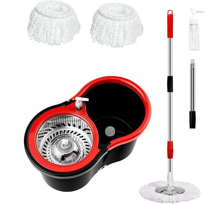 Red Black Easy Spin Mop Bucket SetEXTRA Mop Head Foor Magic MopMicrofiber 360 Rotating Mop BucketSet，2 mop heads