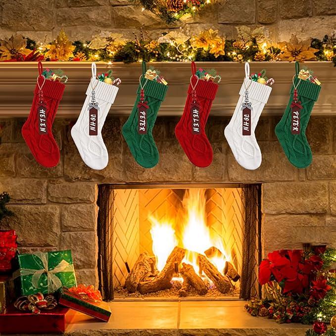 6 Large Christmas Stockings, Large Woven Socks Personalized Christmas Stocking Decoration with Name Tag for Holiday Christmas Party Home Decoration Retro Wooden Gift Racks Stretchy Wood Ornaments