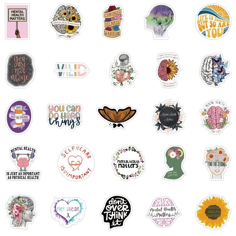 50pcs Mental Health Themed Pattern Stickers, Self-adhesive Waterproof Decorative Stickers, DIY Decals For Water Bottle, Laptop, Phone Case, Scrapbooking, Journal Making