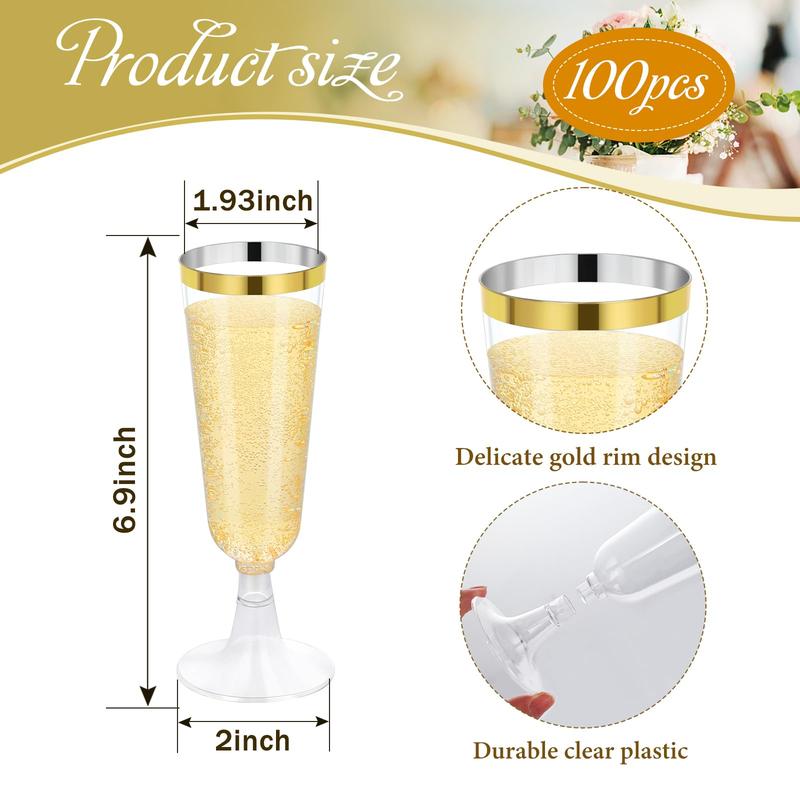 mwellewm 100 Pcs Plastic Champagne Flutes, Disposable Clear Gold Rim Champagne Glasses, 5oz Plastic Wine Glasses, Assemble Plastic Champagne Cups for Party Wedding Cocktail Cups (Gold)