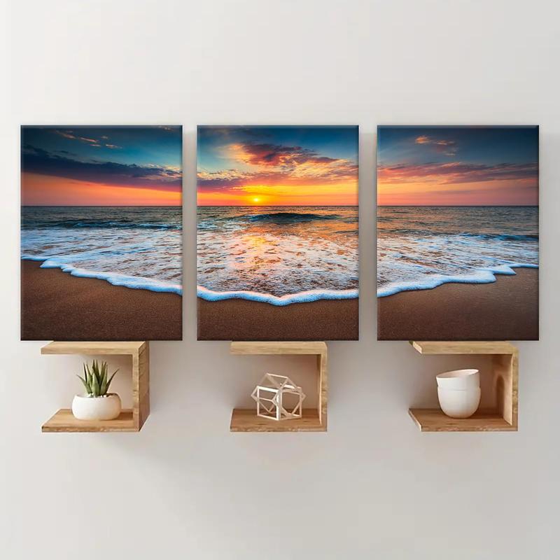 Framed Canvas Painting, 3 Counts Beach Sunrise Natural Landscape Decorative Painting, Modern Wall Art for Home Living Room Bedroom Office Room Decor, Christmas 2024 Ornament, Christmas Gift Ideas, Stocking Stuffers