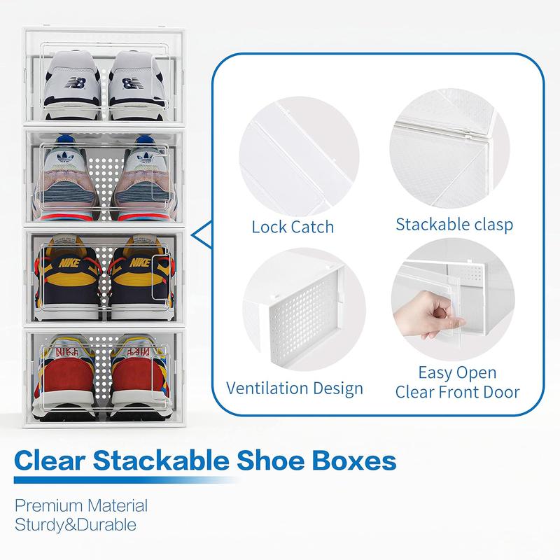 12 Pack Shoe Organizer Storage Bins Clear Plastic Stackable Shoe Boxes for Closet, Space Saving Foldable Shoe Storage Case, Sneaker Storage Shoe Box Container Laundry Lightweight Room