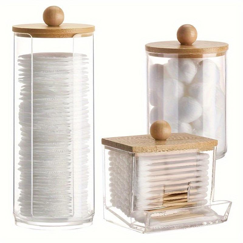 Clear Storage Jar with Wooden Lid, 3 Counts 1 Set Cotton Swab Storage Box, Bathroom Storage Container for Cotton Swab, Cotton Ball, Floss Picks